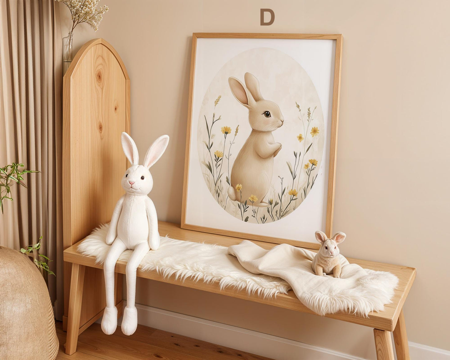 Süße Hasen Poster Kinderzimmer von JUSTGOODMOOD, im Bild mit einer niedlichen Hasenpuppe und einem Kunstwerk, das einen Hasen in einer Blumenlandschaft zeigt, stilvoll arrangiert.