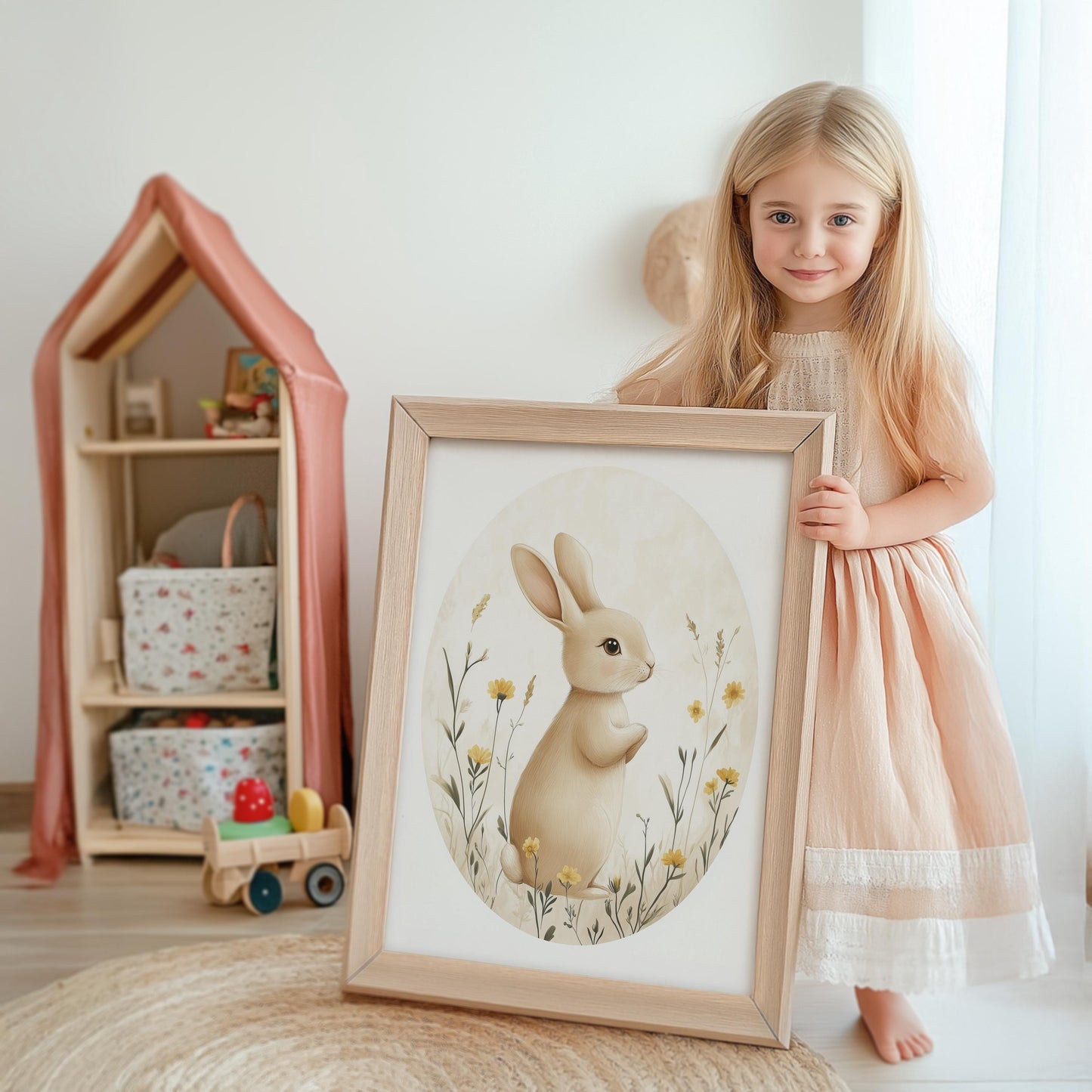 Ein kleines Mädchen hält stolz ein süßes Hasenposter von JUSTGOODMOOD. Das Kinderzimmer-Poster ist perfekt als Geschenkidee und bringt Lebensfreude.