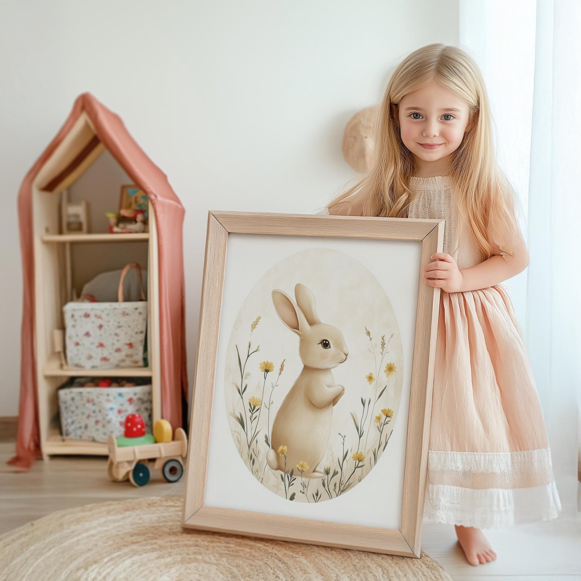 Ein kleines Mädchen hält stolz ein süßes Hasenposter von JUSTGOODMOOD. Das Kinderzimmer-Poster ist perfekt als Geschenkidee und bringt Lebensfreude.