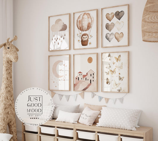 Boho Babyzimmer Poster · Wolke, Heißluftballon , Herzen , Mond und Sterne , Haus und Sonne , Schmetterlinge · Deko Print ohne Rahmen