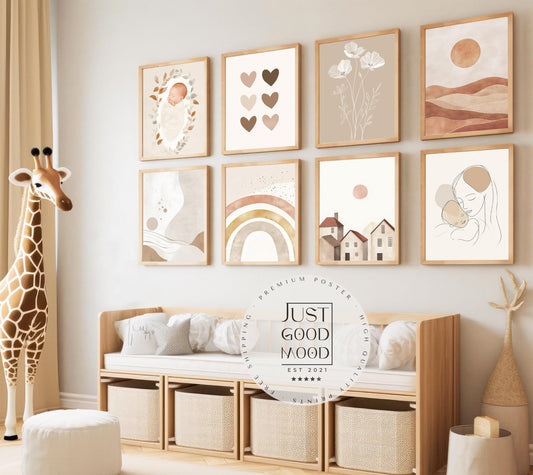 Boho Babyzimmer Poster · Regenbogen, Herzen, Blumen, Sonne, Häuser, Mutter-Kind  Scandi Wandkunst für Kinderzimmer · Deko Print ohne Rahmen