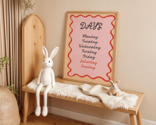 Poster Kinderzimmer Wochentage · Lernposter mit Monday bis Sunday · Englisch lernen mit Stil · Pädagogische Wanddeko · Ohne Rahmen