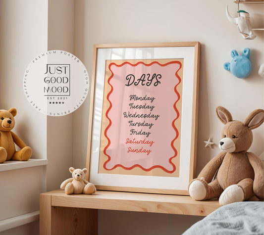 Poster Kinderzimmer Wochentage · Lernposter mit Monday bis Sunday · Englisch lernen mit Stil · Pädagogische Wanddeko · Ohne Rahmen