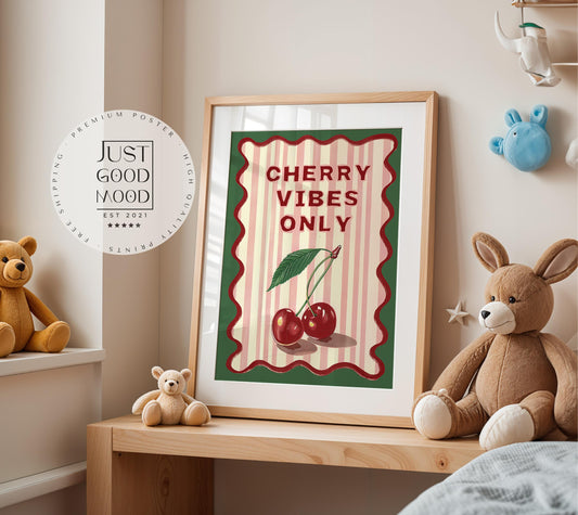 Poster Kinderzimmer Kirschen · Cherry Vibes Only · Fruchtige Wanddeko im Retro Look · Lustiges Spruchposter · Deko Print Ohne Rahmen