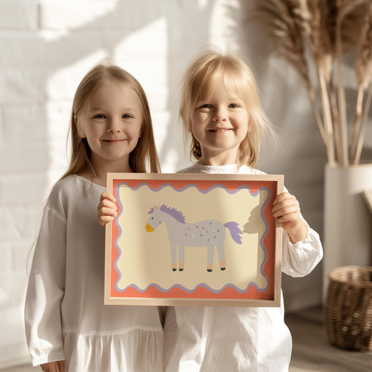 Poster Kinderzimmer Pferd · Lila Pony mit Punkten · Niedliches Tierposter für Mädchenzimmer & Babyzimmer · Skandi Deko · Print ohne Rahmen
