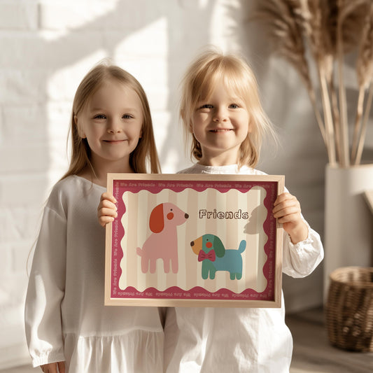 Poster Kinderzimmer Hunde · We Are Friends · Niedliches Tierposter mit zwei bunten Hunden · Freundschaft & Liebe · Dekoprint ohne Rahmen