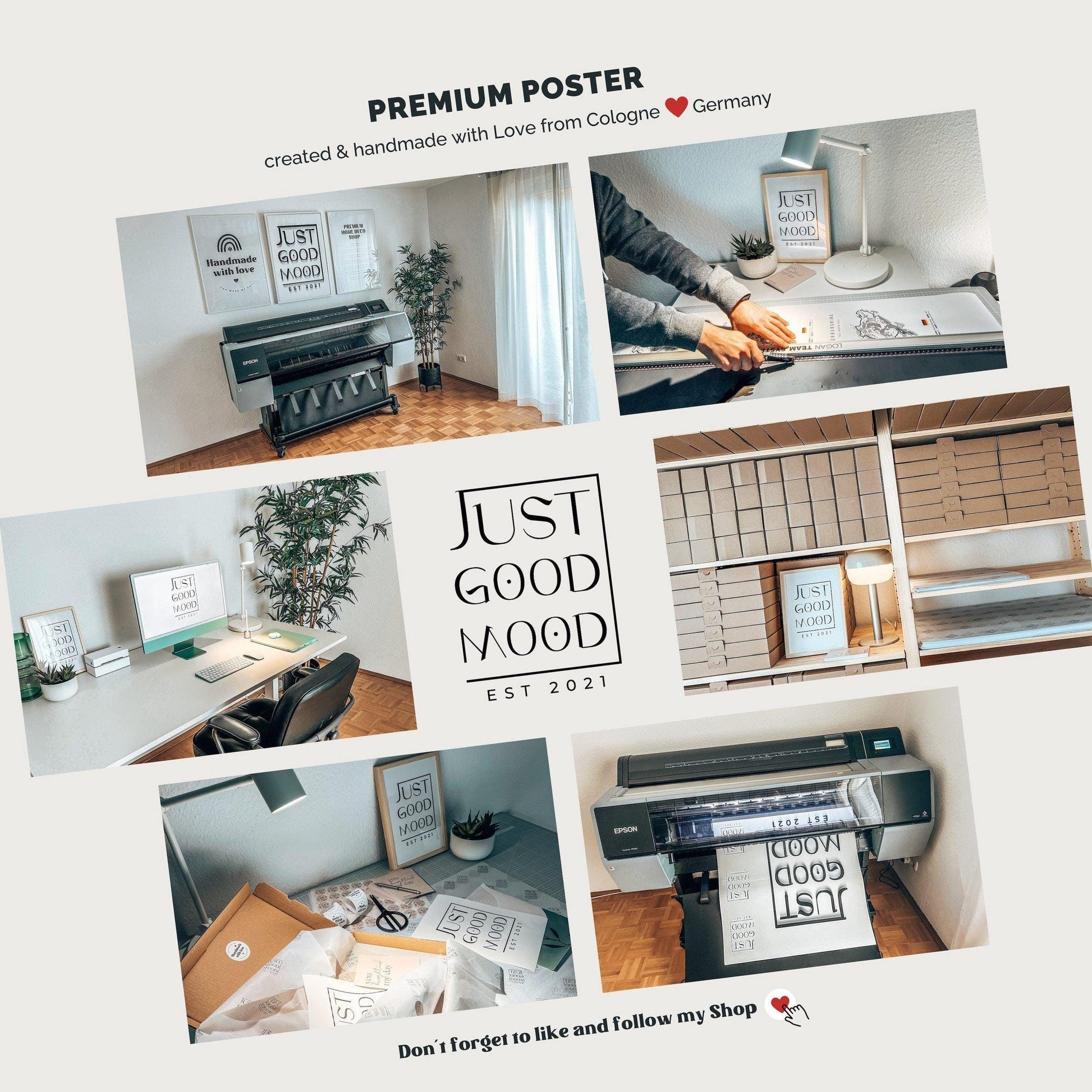 Blick in die kreative Werkstatt von JUSTGOODMOOD, wo das Premium Poster "Haus mit Vogel & Pflanze" liebevoll entworfen und gedruckt wird. Die inspirierende Umgebung zeigt moderne Drucktechnik und ansprechende Dekoration, ideal für Kinderzimmer.