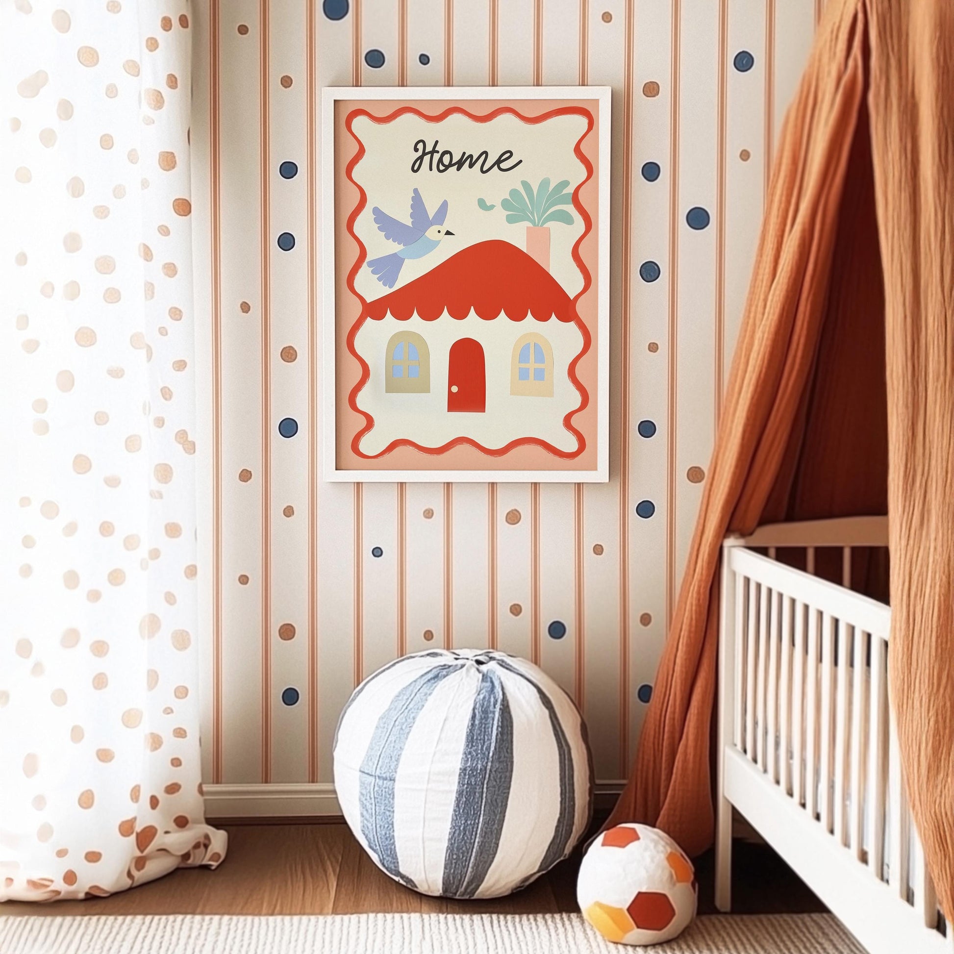 Poster "Haus mit Vogel & Pflanze" von JUSTGOODMOOD, stylish im Kinderzimmer auf farbenfroher Wand, perfekt für kreative Kinder.