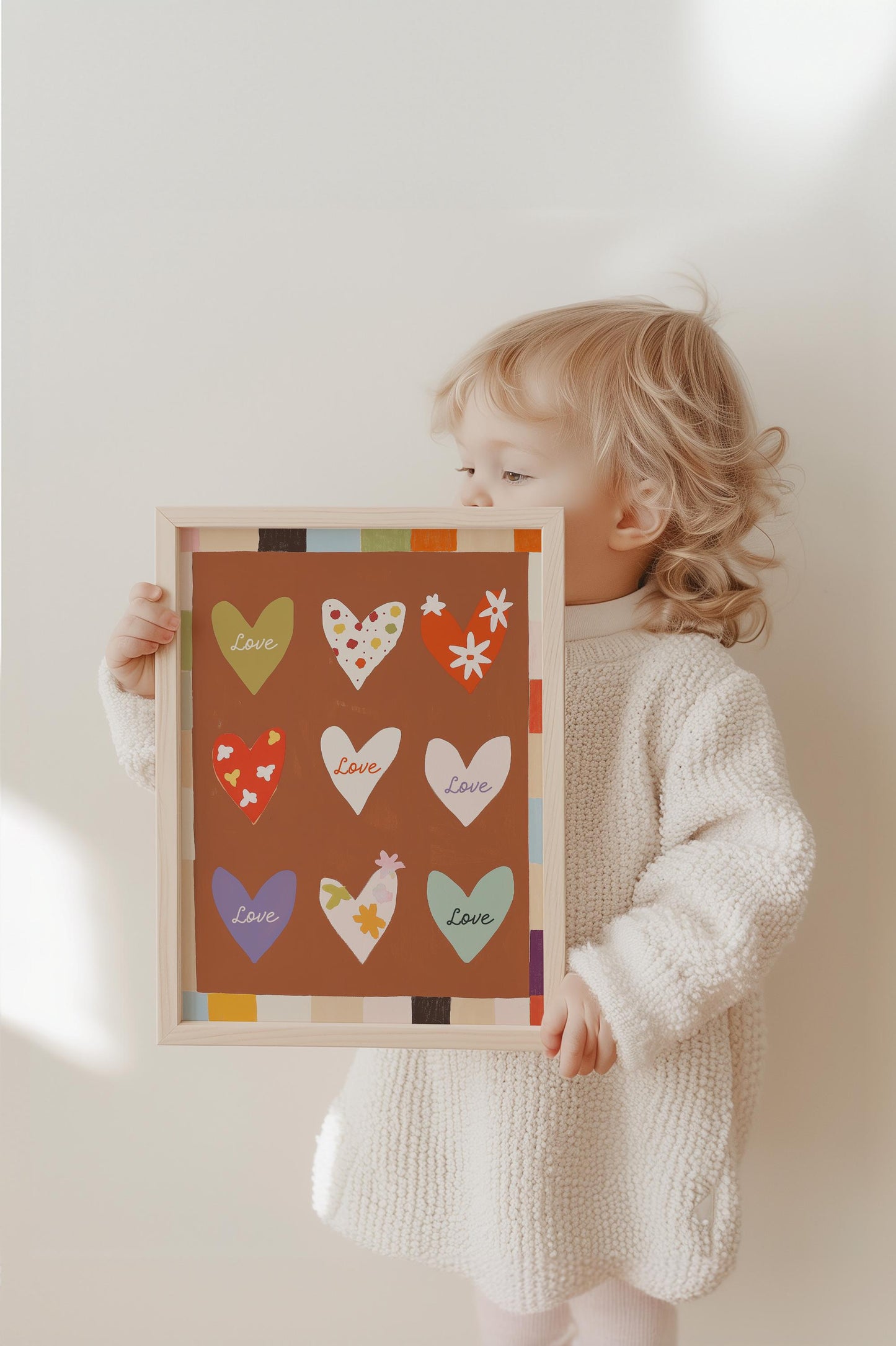 Ein Kind hält ein fröhliches Poster mit Herzen und Blumenmustern für das Kinderzimmer von JUSTGOODMOOD. Warmes Design für eine liebevolle Wanddekoration.