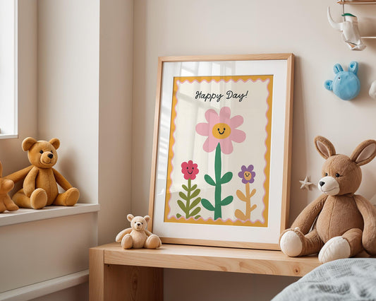 Poster Kinderzimmer Blumen · Happy Day! Schriftzug · Fröhliche Blumendeko in Pastell · Wandbild für Kinder · Dekoprint Ohne Rahmen