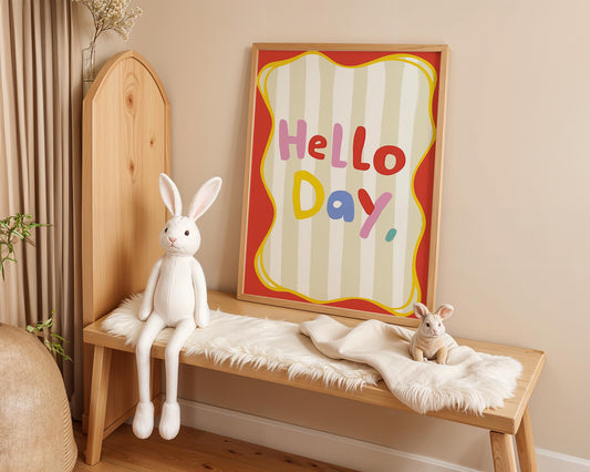 Poster Kinderzimmer · Hello Day Schriftzug · Fröhliches Spruchposter in bunten Farben · Gute-Laune-Deko für Kinder · Dekoprint ohne Rahmen
