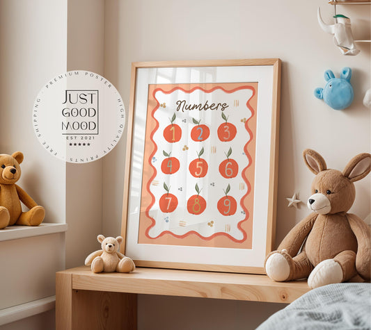 Poster Kinderzimmer Zahlen · Lernposter mit Früchten 19 · Spielerisch Zählen lernen · Pädagogische Deko im Boho Stil · Ohne Rahmen