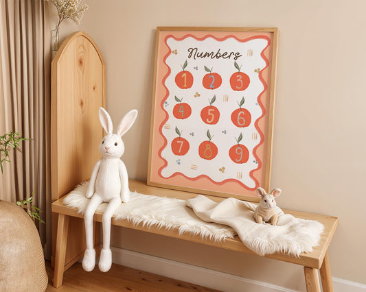 Poster Kinderzimmer Zahlen · Lernposter mit Früchten 19 · Spielerisch Zählen lernen · Pädagogische Deko im Boho Stil · Ohne Rahmen
