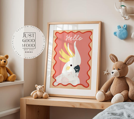 Poster Kinderzimmer Vogel · Kakadu mit Hello Schriftzug · Bunte Tierillustration · Tropische Wanddeko für Kinder · Deko Print Ohne Rahmen
