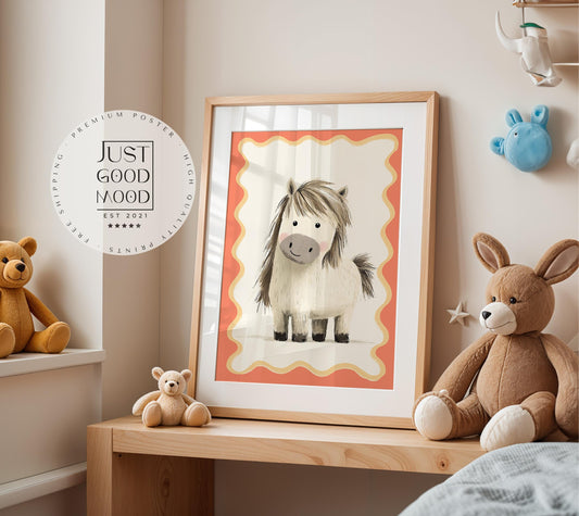 Poster Kinderzimmer Pony · Süßes Pferd Illustration · Liebevolles Tiermotiv für Kinderzimmer · Ländliche Boho Deko · Dekoprint ohne Rahmen