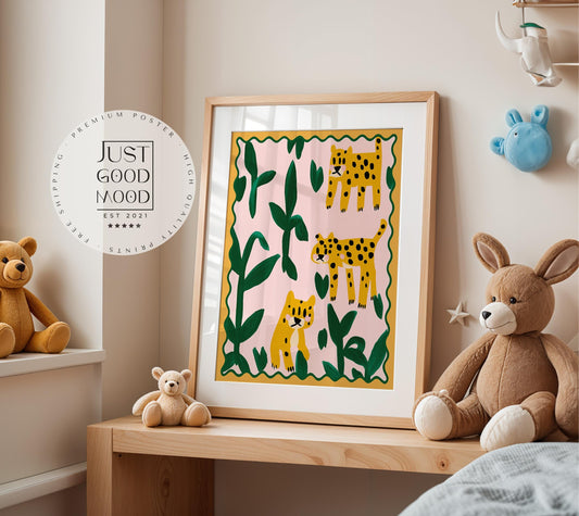 Poster Kinderzimmer Leoparden · Tierposter mit Dschungelpflanzen · Bunte Safari Wanddeko für Kinderzimmer · Dekoprint ohne Rahmen