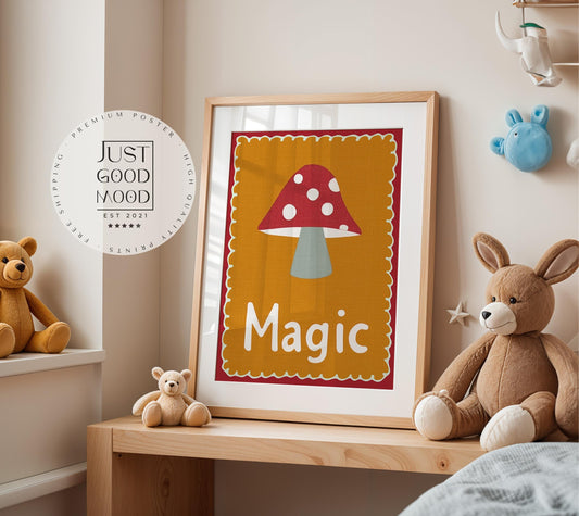 Poster Kinderzimmer Magic · Fliegenpilz Illustration · Magische Wanddeko in Retro Farben · Waldmotiv für Kinder · Dekoprint Ohne Rahmen