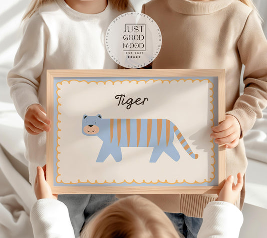 Poster Kinderzimmer Tiger · Süßer blauer Tiger mit Streifen · Tierposter für Jungen & Mädchen · Skandi Dekoprint ohne Rahmen