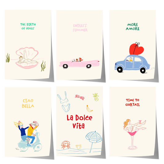 italian summer aesthetic poster set with minimalist mediterranean illustrations