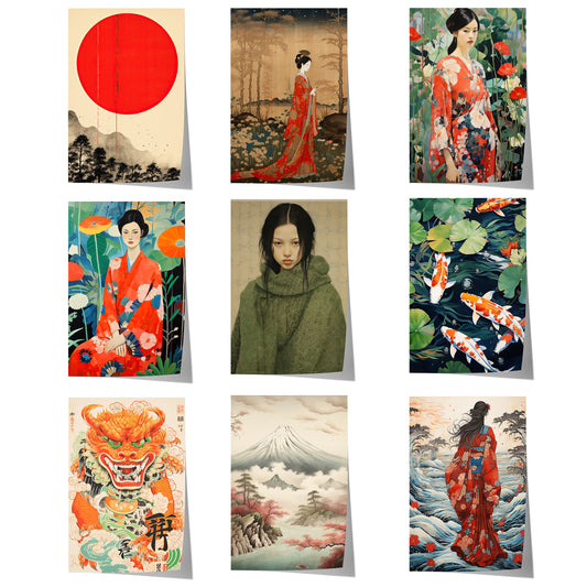 Japanisches Poster mit Geisha-Porträts, Koi-Karpfen, roter Sonne, Drachenmotiv, Mount Fuji und traditioneller asiatischer Landschaftskunst