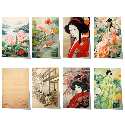 Japanisches Poster-Set mit Geisha-Porträts, Koi-Karpfen, Lotusblüten, traditioneller Architektur und floralen Motiven im eleganten Japandi-Stil.