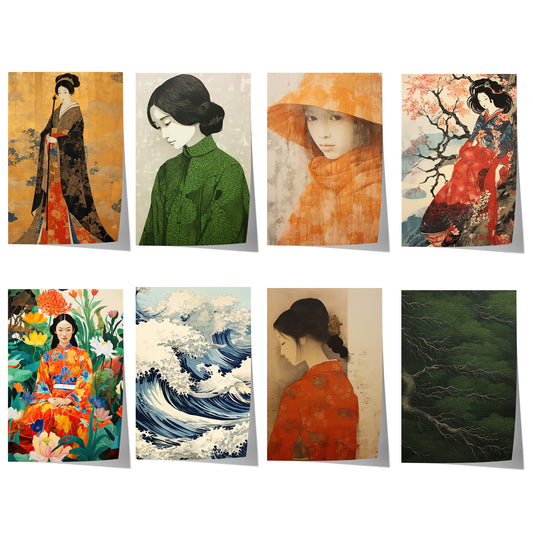 Japanisches Poster mit eleganten Geisha-Porträts, traditionellen Kimonos, Hokusai-Wellen, japanischer Natur und minimalistischer Zen-Ästhetik.