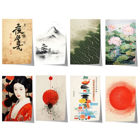 Japanisches Poster-Set mit Zen-Kalligrafie, Fuji-Berg, Lotusblüten, Geisha-Porträt, roter Sonne und minimalistischen japanischen Illustrationen.