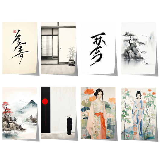 Japanisches Poster-Set mit Zen-Kalligrafie, minimalistischen Landschaften, Shoji-Architektur, Geisha-Motiven und sanften Aquarellillustrationen im Japandi-Stil.