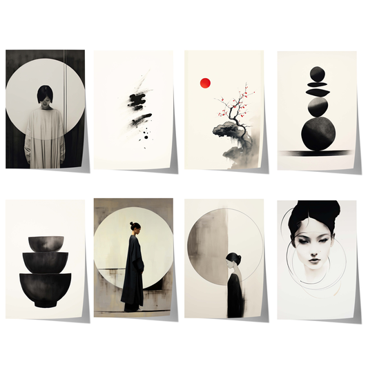 Modernes Japan Poster-Set mit Zen-Porträts, Sumi-e-Tusche, Balance-Steinen, minimalistischen Kreisen und Wabi-Sabi-Elementen in Schwarz-Weiß.