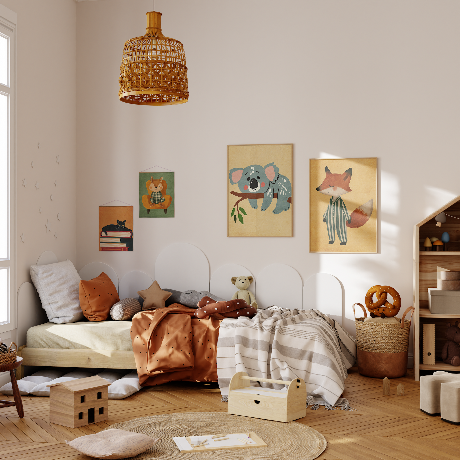 Charmantes Kinderzimmer-Poster von justgoodmood mit liebevollen Tiergrafiken: Fuchs, Koala, Corgi, Eichhörnchen und Katze. Perfekte Geschenkidee zur Dekoration.
