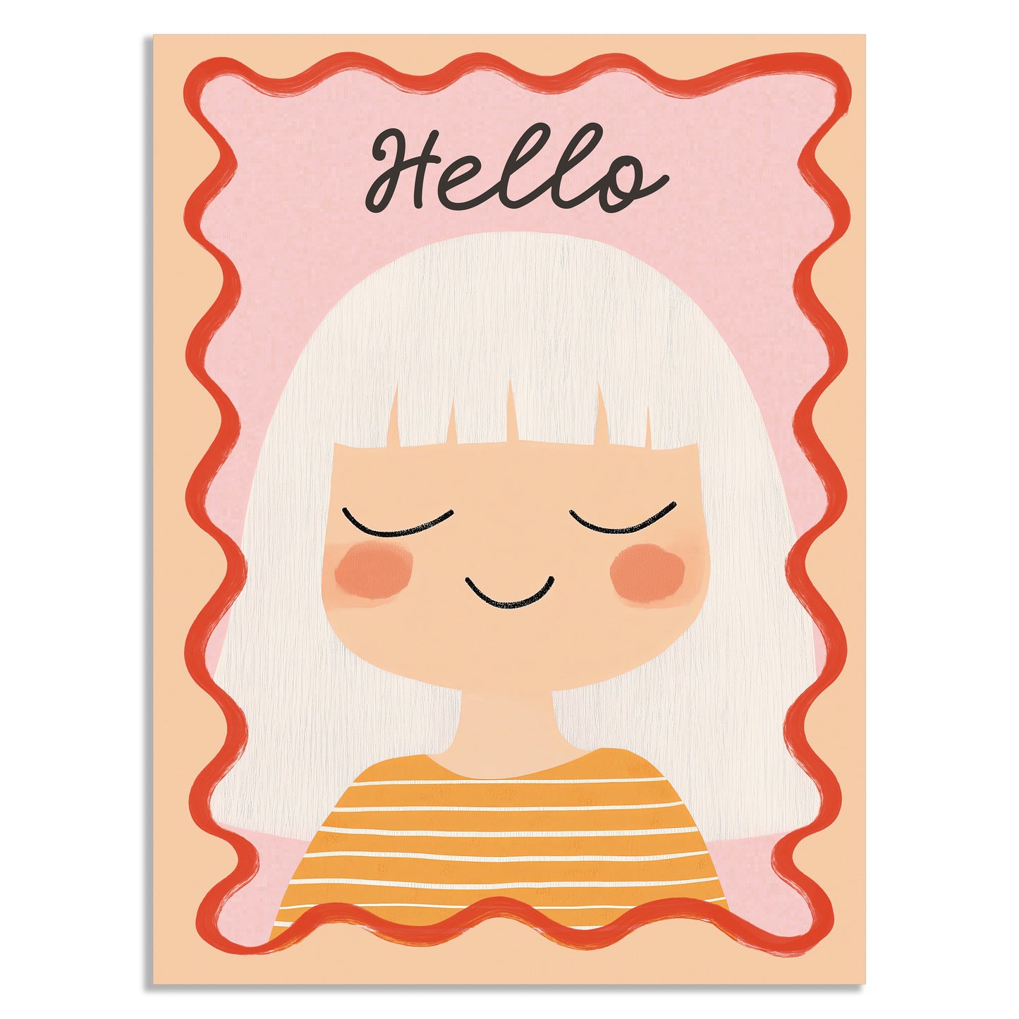 Poster Kinderzimmer Mädchen · Hello Schriftzug · Fröhliches Porträt mit weißen Haaren · Sanfte Farben · Deko ohne Rahmen