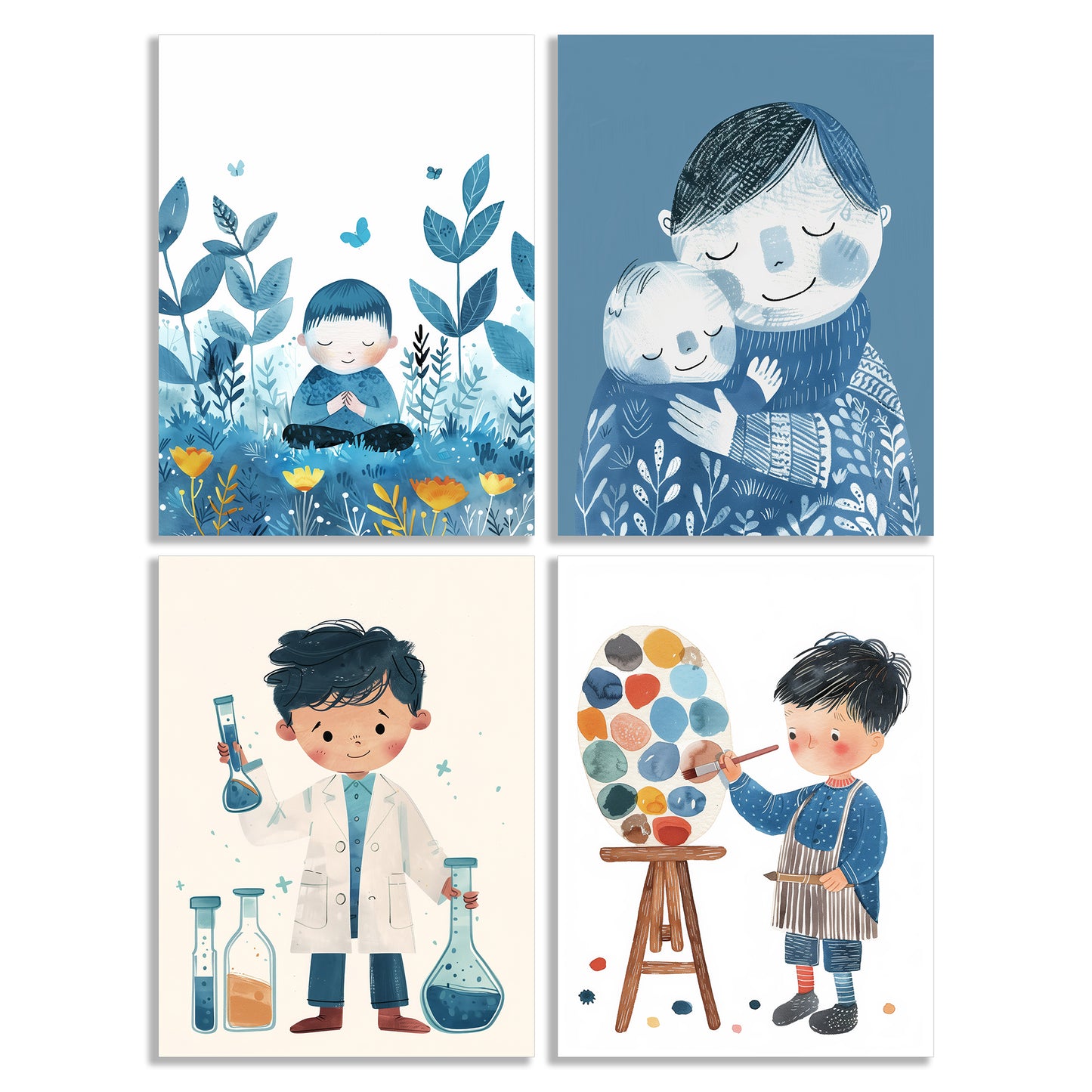 Poster Kinderzimmer Aquarell · Junge Wissenschaftler · Mädchen Künstlerin · Mutter umarmt Kind Kunst Bilder · Wand Deko · ohne Rahmen