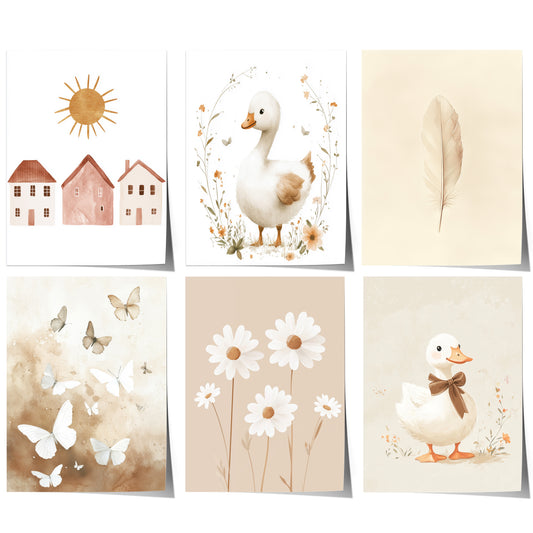 Boho Babyzimmer Poster · Niedliche Ente , Schmetterlinge, Gänseblümchen, Häuser & Sonne  Scandi Kinderzimmer Deko · Deko Print ohne Rahmen