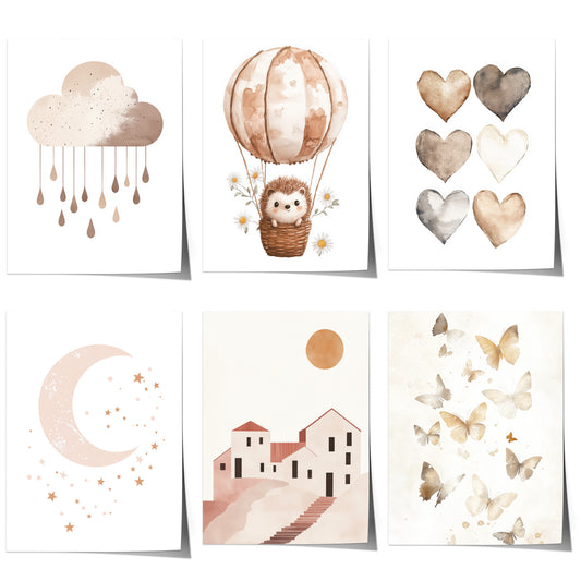 Boho Babyzimmer Poster · Wolke, Heißluftballon , Herzen , Mond und Sterne , Haus und Sonne , Schmetterlinge · Deko Print ohne Rahmen