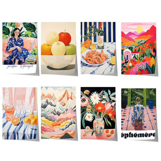 Kunstposter mit modernen Stillleben, farbenfrohen Landschaften, floralen Arrangements, mediterranen Motiven und ausdrucksstarken Illustrationen.
