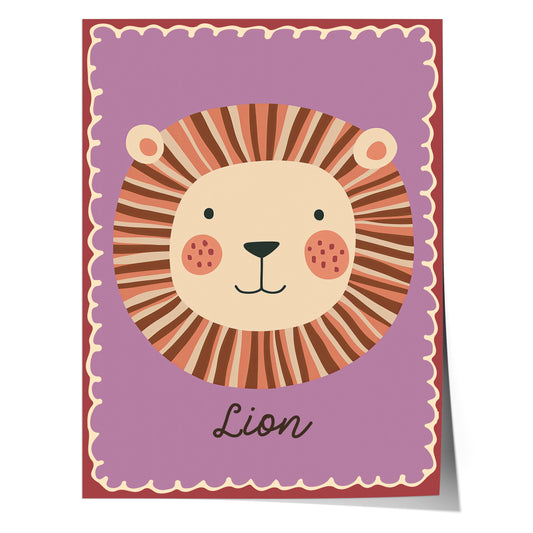Poster Kinderzimmer Löwe · Niedliches Tiermotiv · Lion Illustration auf Lila Hintergrund · Dschungel Deko für Kinder · Dekoprint ohne Rahmen
