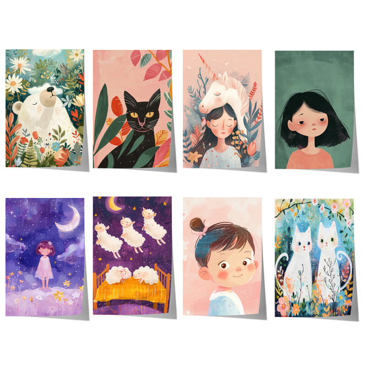 Acht märchenhafte Kinderposter mit Mädchen, Einhorn, Katzen, Schafen, Mond und Blumen in sanften Farben.