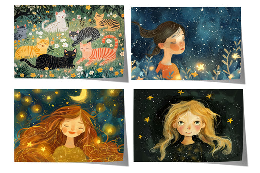Vier märchenhafte Illustrationen mit Mädchen, Katzen, Mond und leuchtenden Sternen in einer bunten Blumen- und Nachtwelt.