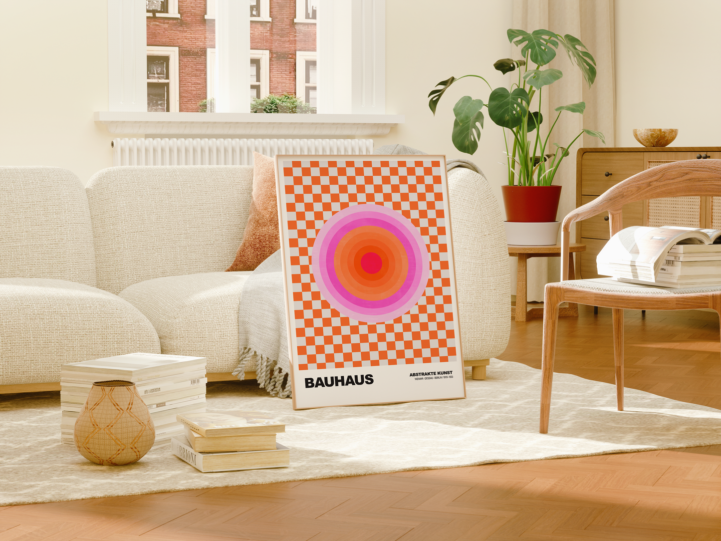 Poster Bauhaus Abstrakte Kunst · Pink Orange Kreis auf Schachbrett Muster · Modernes Retro Design Wandbild · Deko Print ohne Rahmen