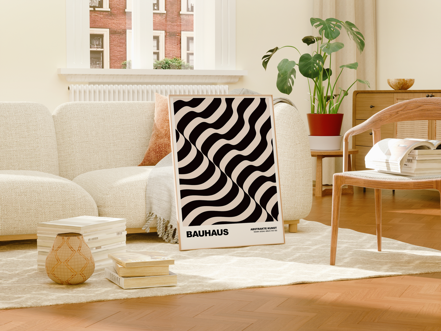 Poster Bauhaus Abstrakte Kunst · Wellenmuster in Beige und Schwarz · Geometrisches Retro Design · Print ohne Rahmen