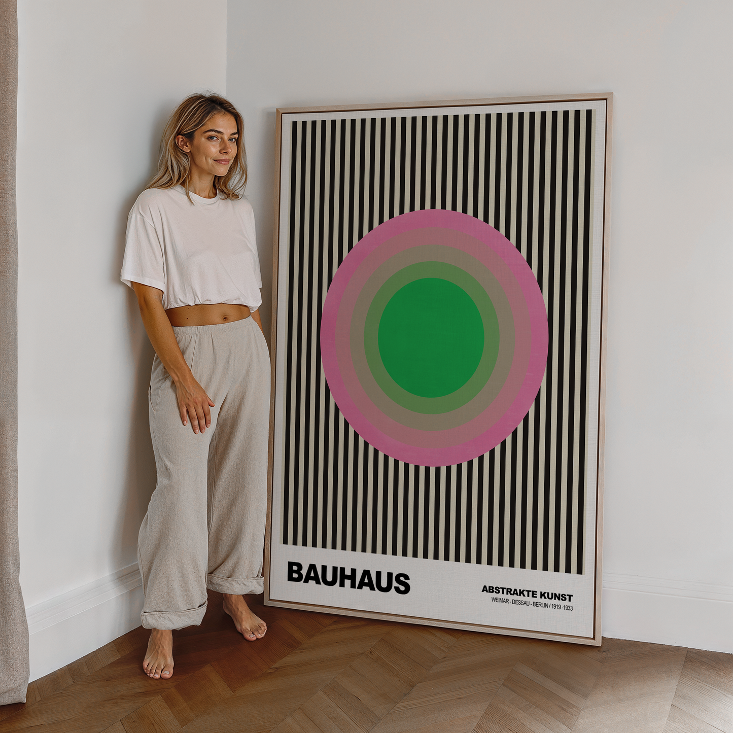 Poster Bauhaus Abstrakte Kunst · Grüner Kreis mit rosa Ringen auf schwarzen Streifen · Geometrisches Retro Wandbild · Print ohne Rahmen