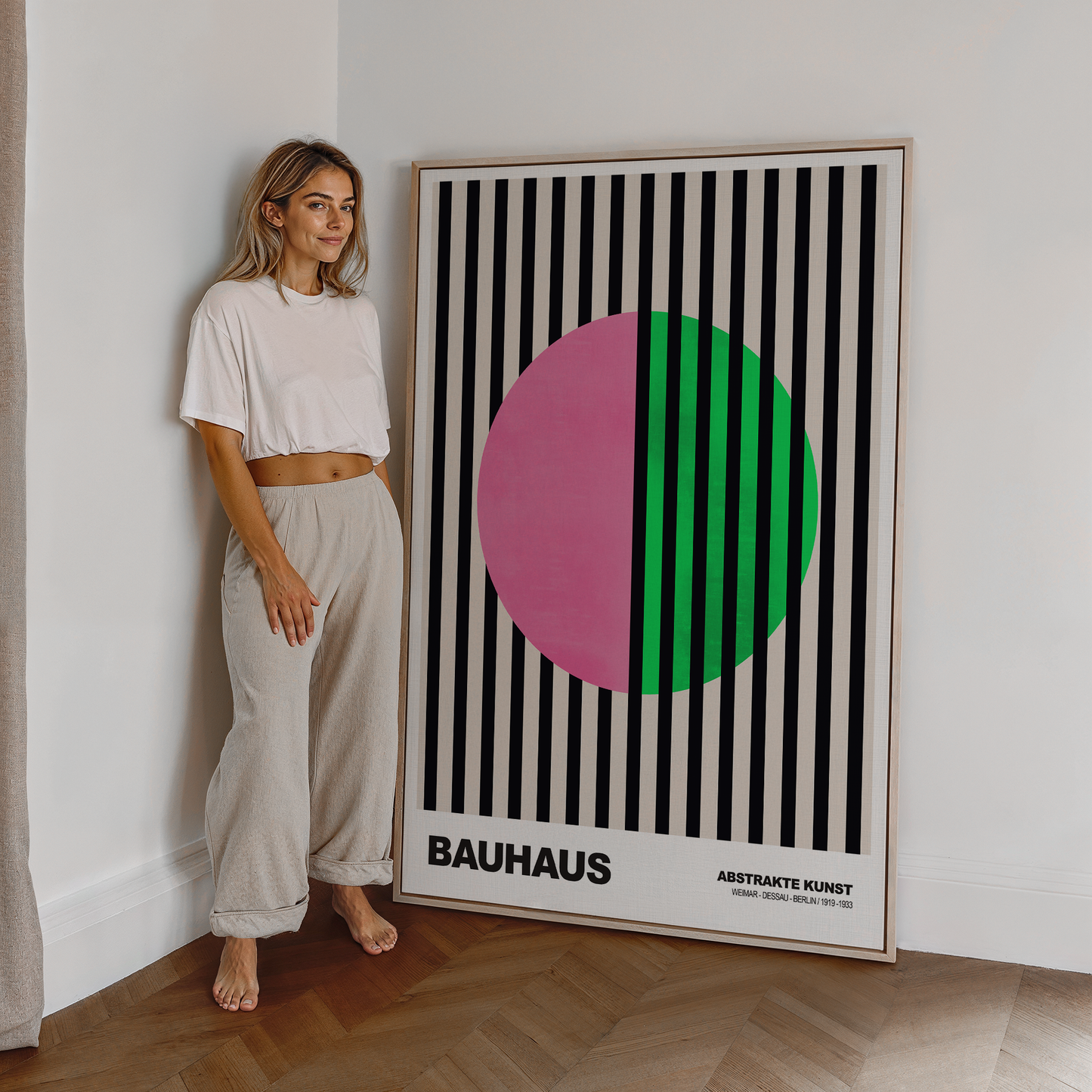 Poster Bauhaus Abstrakte Kunst · Pink Grüner Kreis mit schwarzen Streifen · Modernes Geometrisches Design · Deko Print ohne Rahmen