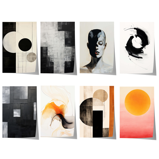 Moderne abstrakte Poster mit geometrischen Formen, minimalistischen Kompositionen, monochromen Strukturen und eleganter Schwarz-Beige-Wandkunst.