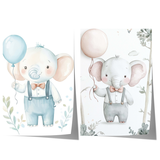 aquarell elefantenposter für kinderzimmer mit süßem elefant und ballon in pastellfarben