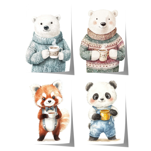 niedliches tierposter mit aquarell illustration von bär panda und rotem panda