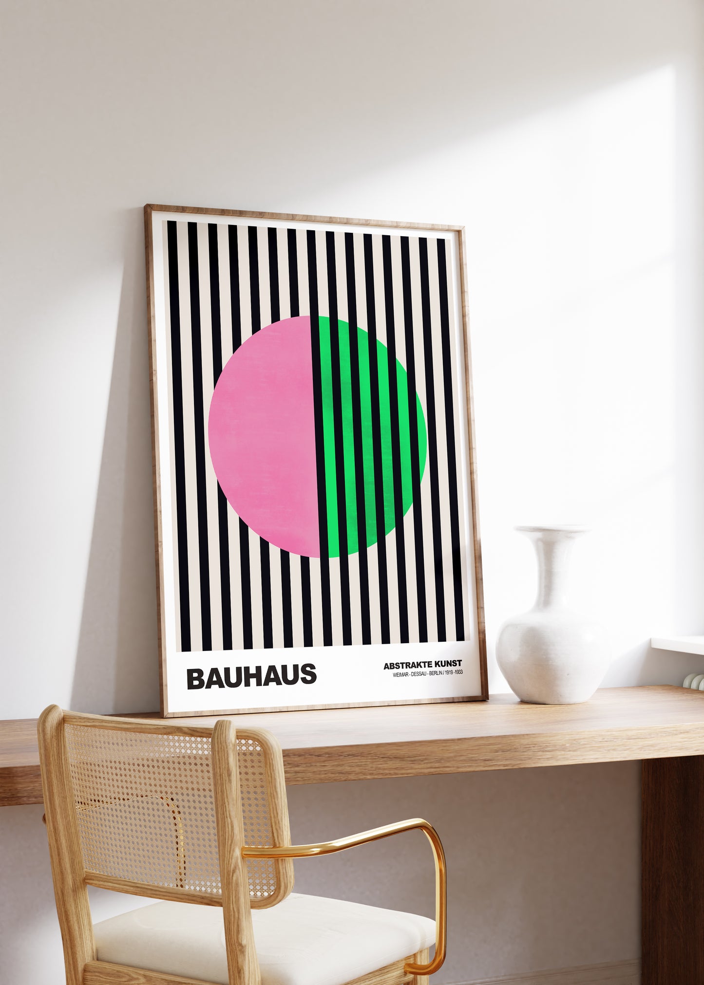 Poster Bauhaus Abstrakte Kunst · Pink Grüner Kreis mit schwarzen Streifen · Modernes Geometrisches Design · Deko Print ohne Rahmen