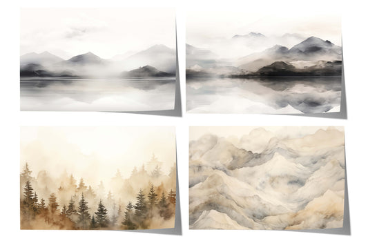 Panorama Landschaftsposter mit Bergen, Wald, Seen und Nebel in ruhigen Aquarellfarben für moderne Wanddeko.