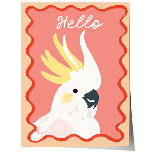 Poster Kinderzimmer Vogel · Kakadu mit Hello Schriftzug · Bunte Tierillustration · Tropische Wanddeko für Kinder · Deko Print Ohne Rahmen