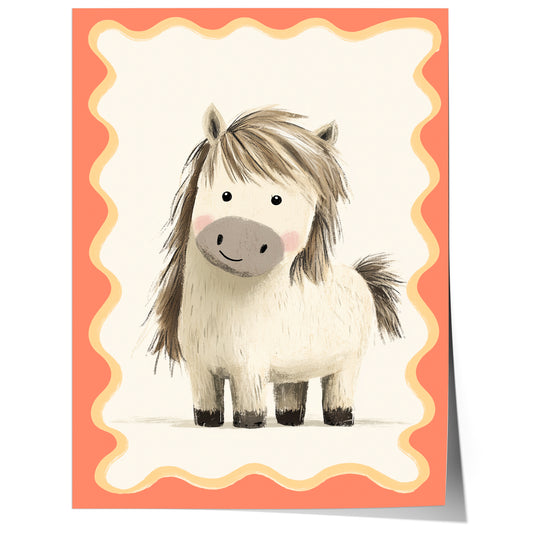 Poster Kinderzimmer Pony · Süßes Pferd Illustration · Liebevolles Tiermotiv für Kinderzimmer · Ländliche Boho Deko · Dekoprint ohne Rahmen