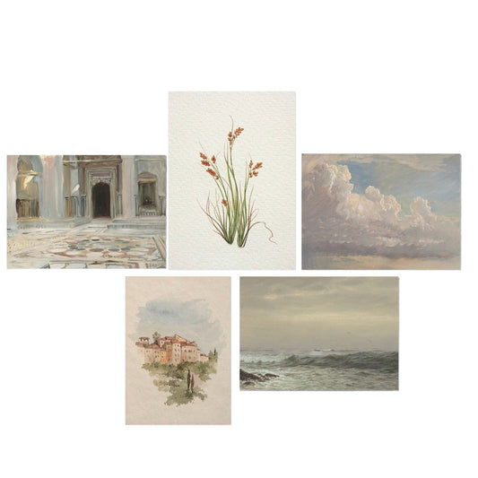 Serie von Kunstdrucken mit Aquarellmotiven: marokkanische Architektur, Wolkenformationen, botanische Pflanzen, Küstenlandschaft und Dorfansicht in sanften Erdtönen auf Baumwollposter.